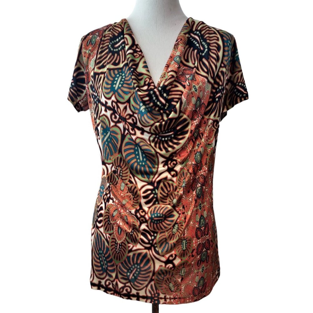 Jean Paul Gaultier Soleil Womens Earth Tone Palm Leaf Print Drape Neck S/S Top L